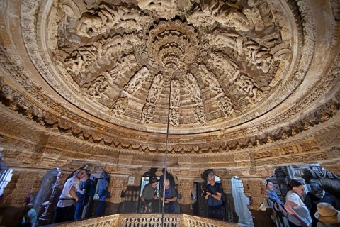 Sculptures on the ceiling in the Jain temple Chandraprabhu in the fortress in Jaisalmer, Rajasthan,