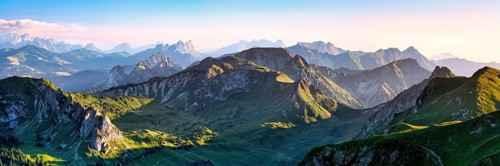 Panorama from Mount Gantrisch, sunset over the Bernese and Fribourg Pre-Alps, Canton of Bern,