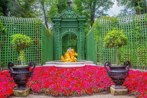 Baroque garden parterre on the west side of Linderhof Palace, Ettal, Ammertal, Upper Bavaria,