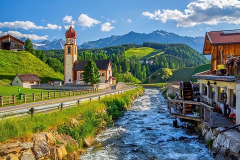 Chaplaincy church and old forge with water wheel on the Horlachbach, Niederthai in the Horlach
