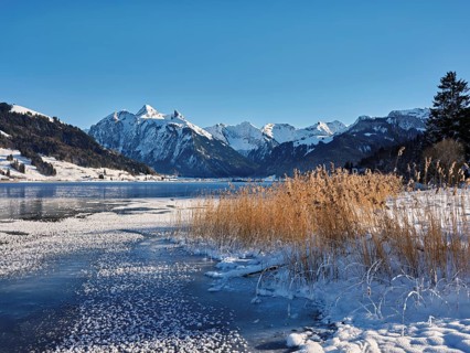 Frozen Sihlsee, reservoir, behind the snow-covered mountains Flübrig and Druesberg, Euthal, Canton