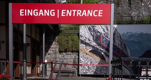 Pilatus railway, the world's steepest cogwheel railway from Alpnach to Mount Pilatus, entrance,