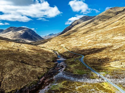 Mountains and Moors over Glen Etive Valley from a drone, Buachaille Etive Mòr, The Buachaille,