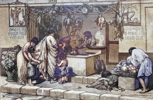 Ancient Roman shop, Rome, Italy, coloured wood engraving, reproduction of a model from ca 1888,