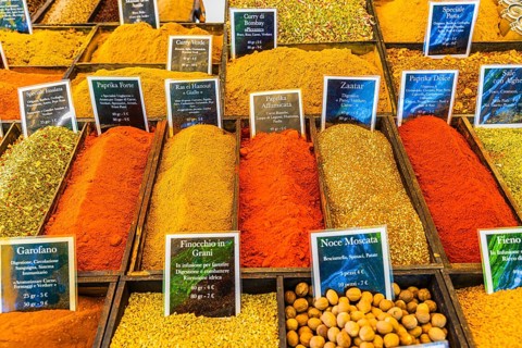 Spices on a stall at the Whitsun market in Portoferraio, Elba Island, Tuscan Archipelago National