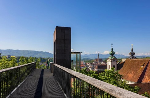 Panoramic lift up the Taborberg with a view of St Michael's Church and the old town, Steyr,