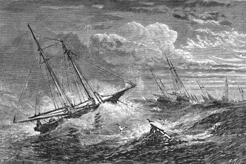 Weathering a storm, on the shores of Newfoundland, c. 1870, Canada, digital reproduction of a