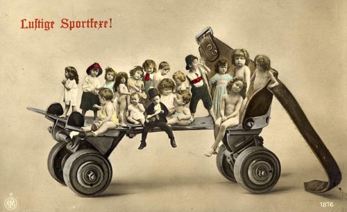 Children on a roller skate, 1920s, Children on an oversized toy wagon, imaginative and funny, old