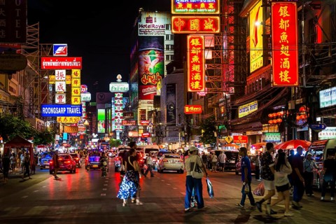 Shopping street with neon signs and street restaurants, nightlife, Yaowarat Road, Chinatown,