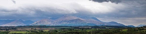 Panorama of Nevis Range Mountains from Commando Memorial, Grampian Mountains, Fort William,