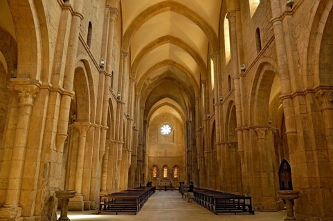 Nave, choir with altar, interior, Gothic basilica of the Cistercian abbey of Fossanova Monastery,