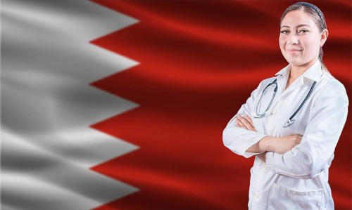 Female doctor on Bahrain flag. Doctor with crossed arms on Bahrain flag. Bahrain health and care