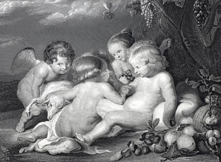 Christ and John as children, steel engraving after a painting by Rubens, historical, digitally