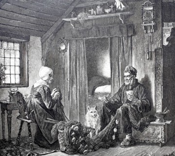 Happy old age, an old couple in their home, fishermen, repairing the net, at home, around 1869,
