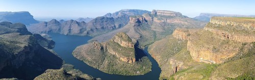 Panorama, Blyde River Canyon with Three Rondawels peak, view of canyon with Blyde River and Table
