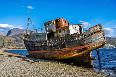 Corpach Wreck or Old Boat of Caol and Nevis Range Mountains, Caol Beach, Corpach, Fort William,