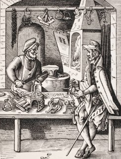 Spore maker. Reproduction of a woodcut from the 16th century by Jost Amman from the 19th century,