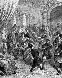 Medieval entertainment with court jesters, minstrels, jugglers and a dwarf. 11th century, digital