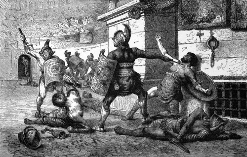 A defeated gladiator appeals to the crowd during a gladiator fight, Italy, digital reproduction of
