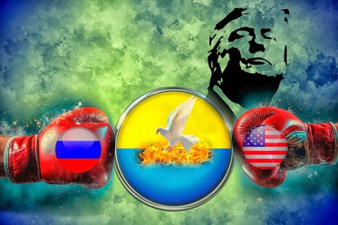 Symbolic image, boxing gloves with USA and Russia flag for Ukraine war, dove of peace in the fire,