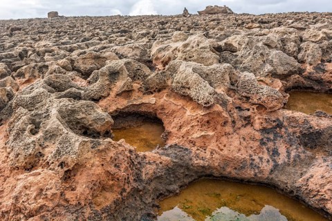 A rocky area with a hole in the ground. The hole is filled with water. The water is brown in colour