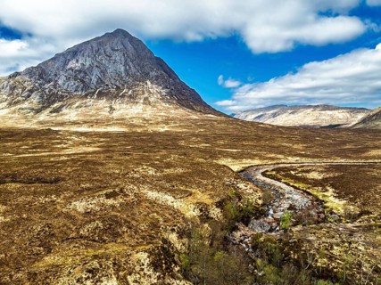The Buachaille Mountain and Moors over Glen Etive Valley from a drone, Buachaille Etive Mòr, The