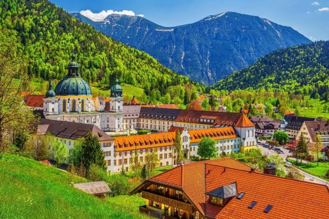 Ettal Monastery in spring, municipality of Ettal, Ammergau Alps, Upper Bavaria, Bavaria, Germany