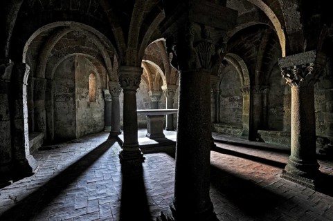 Vault, backlit altar between columns, underground grove of columns, pagan crypt, 10th century,
