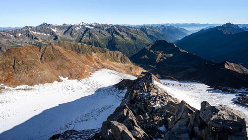 Mountain panorama at the Wilder Freiger summit, picturesque high mountain landscape with rocky