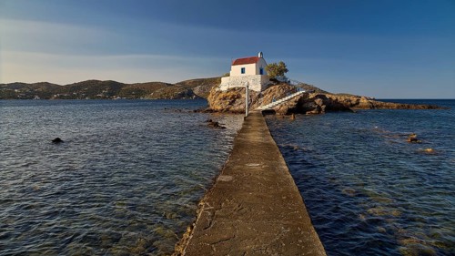 A long pier connects the mainland with a small church on a rock in the sea, chapel, church, Agios