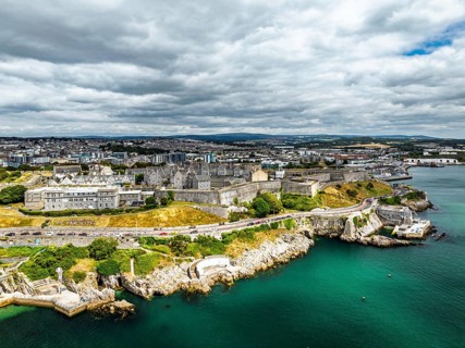 Plymouth from drone, Mount Batten Tower, Devon, England, United Kingdom