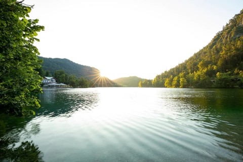 Sunrise in summer at Lake Thumsee near Bad Reichenhall with a view of the Seewirt