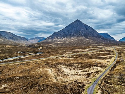 Mountains and Moors over Buachaille Etive Mòr from a drone, The Buachaille, Glen Etive, Highlands,