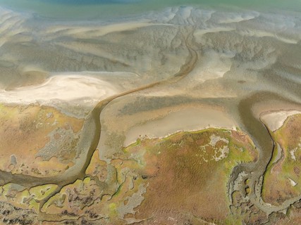 Marshes and streams at low tide in the Walvis Bay Lagoon. Aerial view. Drone shot. Namibia