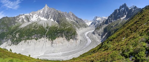 Panorama, Picturesque mountain landscape with blooming alpine roses, imposing mountain peaks and