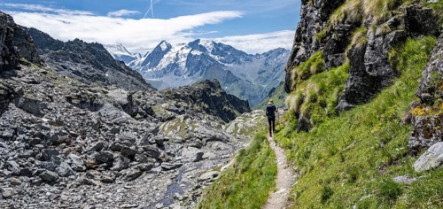 Mountaineer on hiking trail in mountain landscape, descent at Col du Louvie, view of the summit of