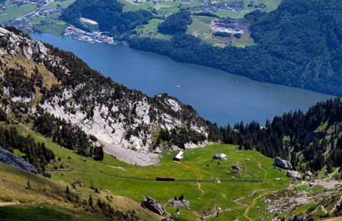 Pilatus railway, the world's steepest cogwheel railway from Alpnach to Mount Pilatus, with Lake