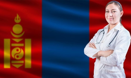 Female doctor on Mongolia flag. Doctor with crossed arms on Mongolia flag. Mongolia health and care