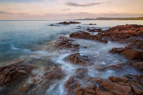 Rocky coast, sunrise, Plage de Palombaggia, Corsica, France