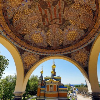 View from the pavilion with artistic mosaic of the Russian Chapel, Mathildenhöhe, UNESCO World
