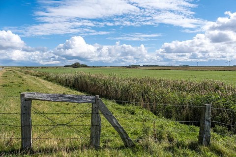 Tranquil rural landscape with expansive sky and clouds, meadows and an old fence in the foreground,