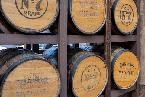 Barrels of whiskey aging in one of the barrel houses at the Jack Daniel Distillery in Lynchburg,