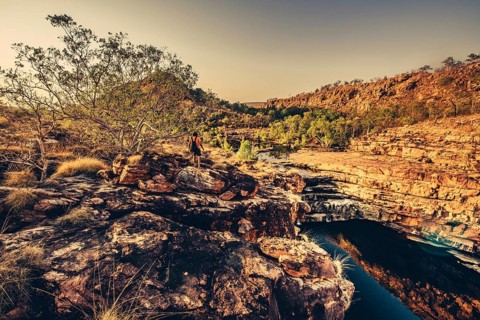 Bell Gorge waterfall, a body of water in north-west Australia in the Kimberley. Sunrise in the
