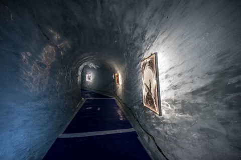 Artificial ice cave through the glacier ice, Mer de Glace, Montenvers, Chamonix, Haute-Savoie,