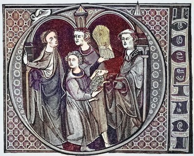 Monks engaged in agriculture. Capital letter O in the 13th century, Livre de Jurisprudence from