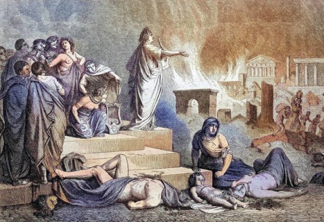 Nero during the fire of Rome, Italy, coloured wood engraving, reproduction from a model from ca