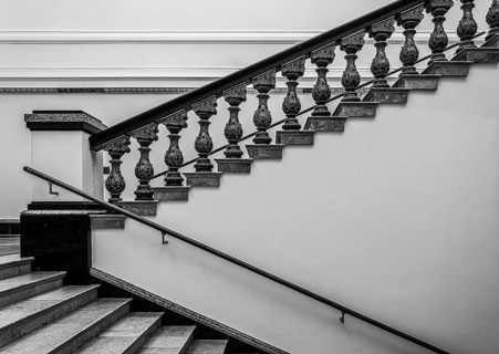 Black and white photograph, Gropius Bau Berlin, interior view, staircase, Berlin, Germany