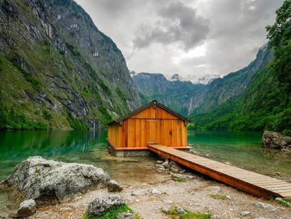 Boathouse at the Obersee near Königssee in the Berchtesgaden National Park, Schönau am Königssee,