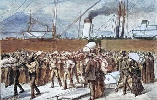 After the Ischia earthquake, the wounded are brought to Naples, Italy, 1883, coloured wood