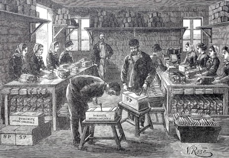 Worker packing dynamite, c. 1880, France, digitally enhanced reproduction of a 19th century model,